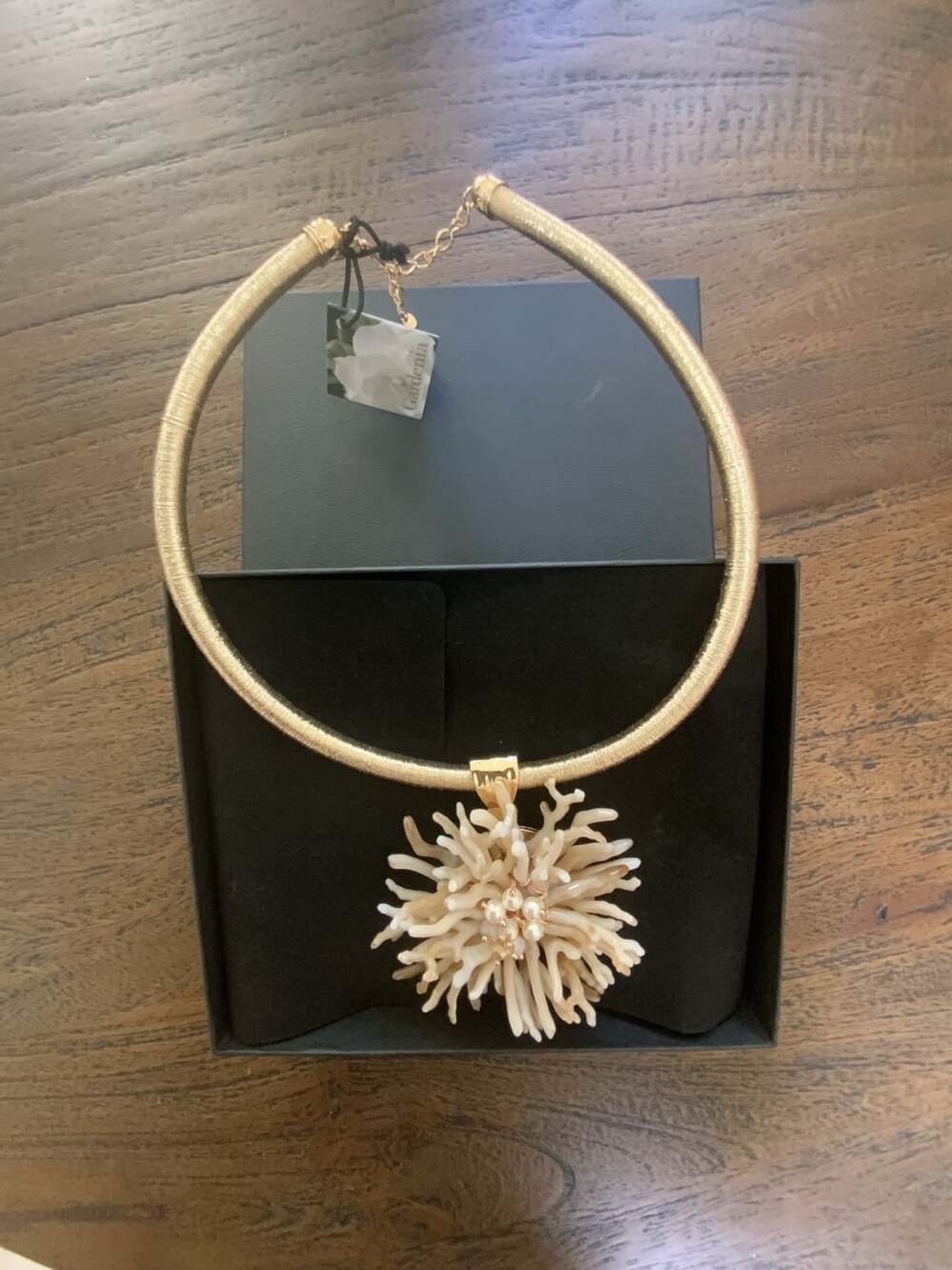 Gardenia Coral Flower Collar Necklace Gold Cream Pearl Statement